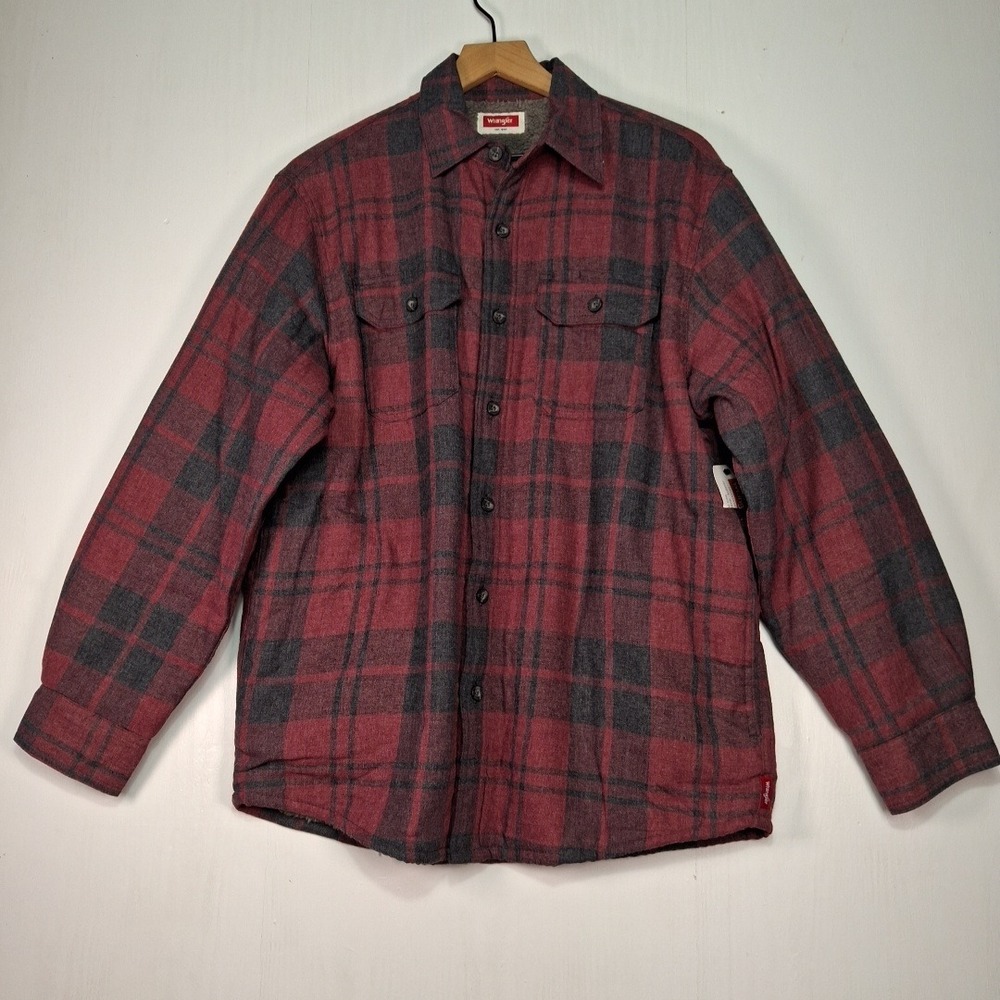 Wrangler Mens Sherpa Lined Flannel Shirt Jacket Size Medium Red Black Plaid